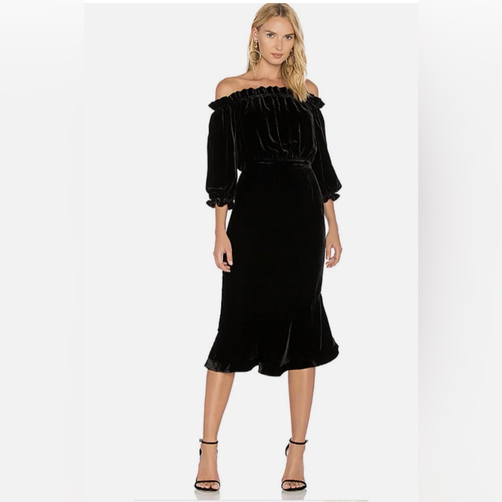 Saloni Velvet Dress Grace Black Sz UK6 US2 $650 off shoulder midi fit & flare